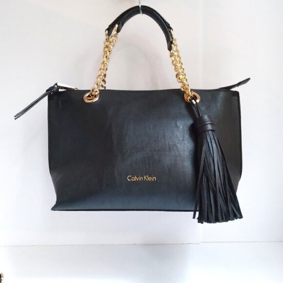 Calvin Klein Handbags - LG Black Pebbled Crossbody Satchel Tote Zipped Top & Fab Fringe Tassel As New